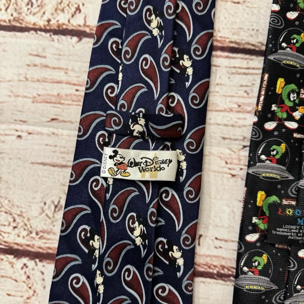 Vintage 90s Looney Tunes Marvin the Martian & Disney Mickey Cartoon Neck Tie Lot